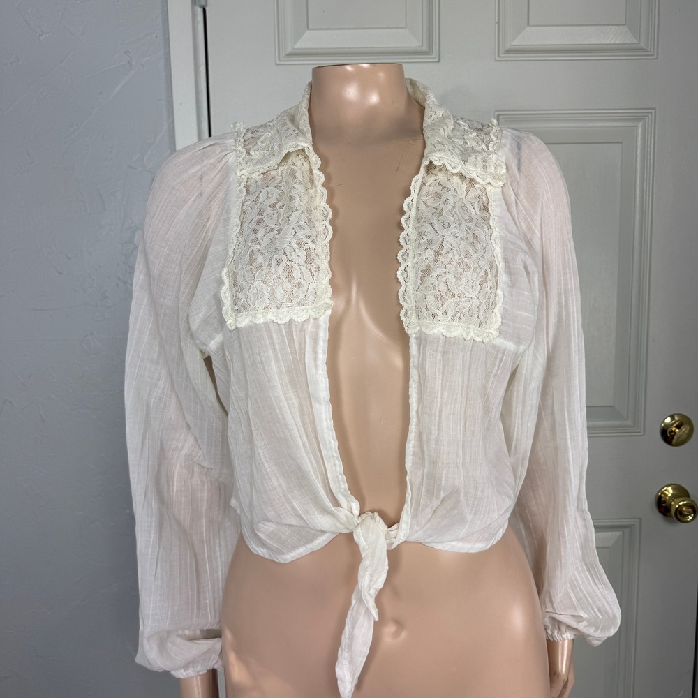 Vintage 70s Gauze Cotton Shirt Women's Tie Front Boho Crop Lace Prairie W3-25